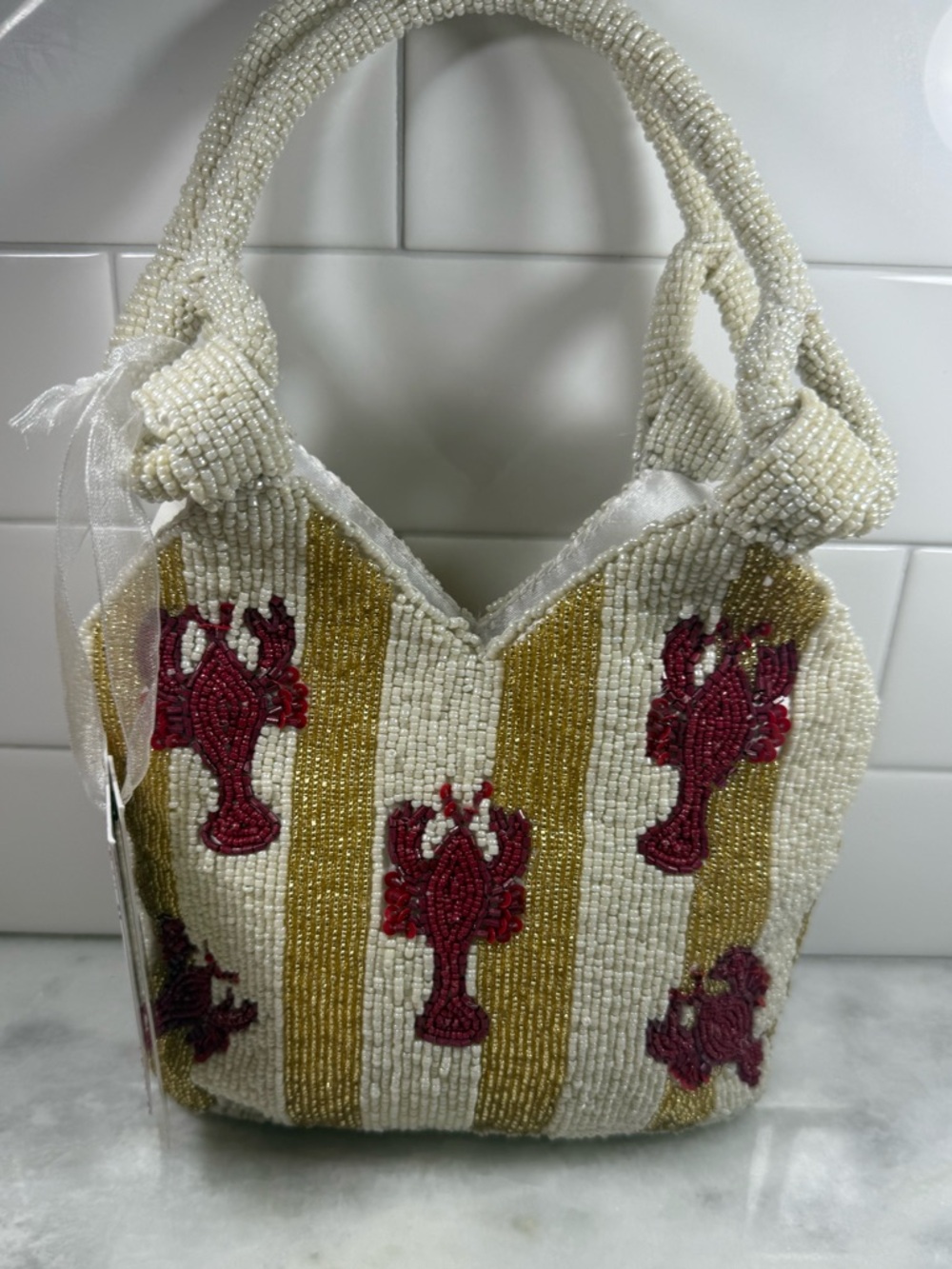 BRAND NEW RELEASE Made In India Beaded Lobster Bag Gold And White Stripe NWT